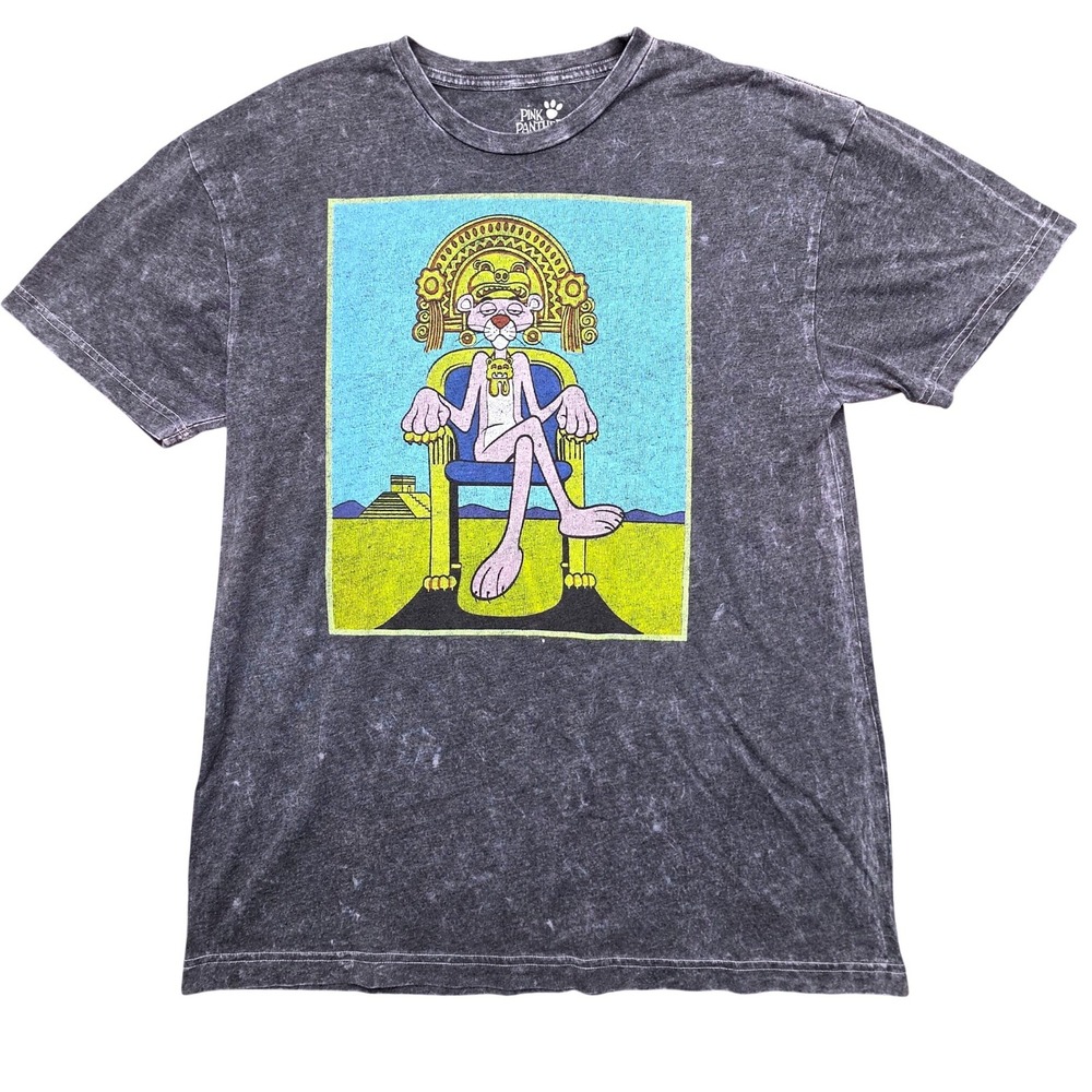 Pink Panther Mens XL Graphic T-Shirt Grey Acid Wash Aztec Mayan Throne 2016